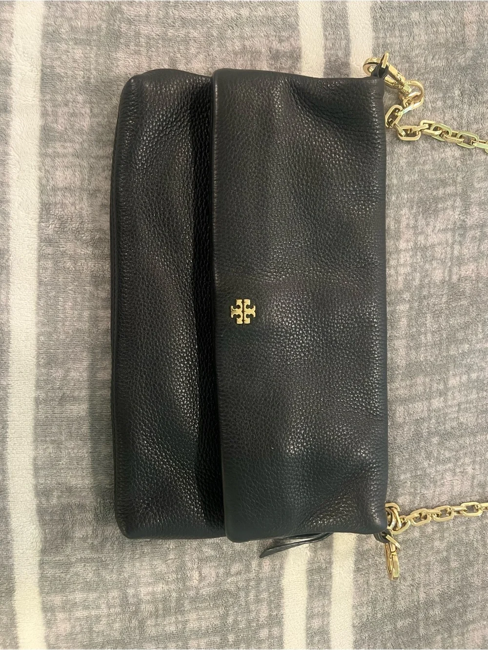 Tory Burch Black Pebbled Leather Crossbody with Gold Chain